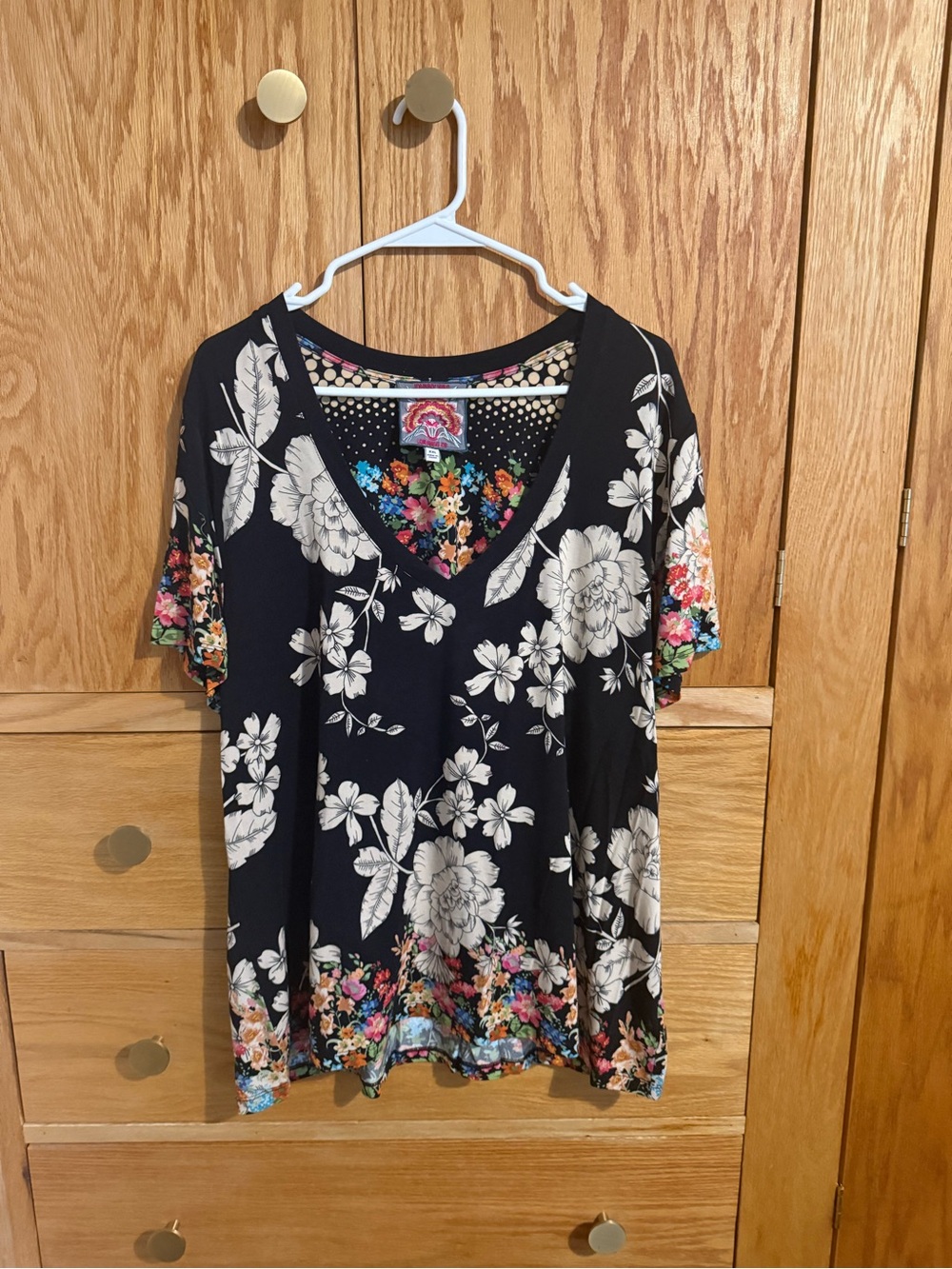 Johnny Was Black Floral V-Neck Top with Multicolor Accents XXL